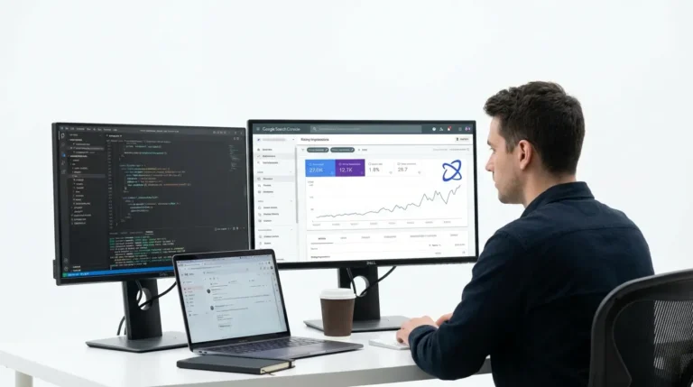 Developer analyzing code to fix website not showing up on Google and improve search visibility.