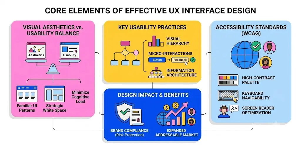 An infographic titled 'CORE ELEMENTS OF EFFECTIVE UX INTERFACE DESIGN' is presented as a connected, color-coded flowchart with four main sections.