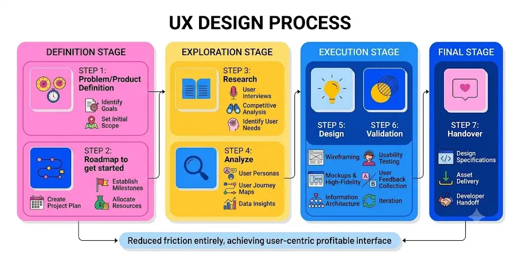 Step-by-step UX design process flowchart showing problem definition, research, analysis, design, and handover