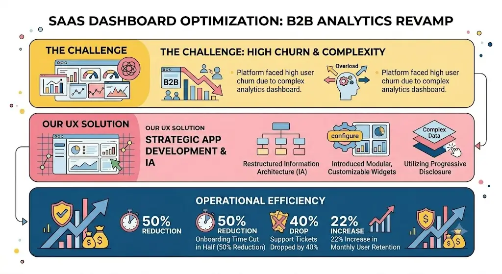 A horizontal case study infographic with a clean, illustrated, icon-based style on a pure white background, detailing a successful redesign of a complex SaaS platform's dashboard. It is structured into three color-coded sections