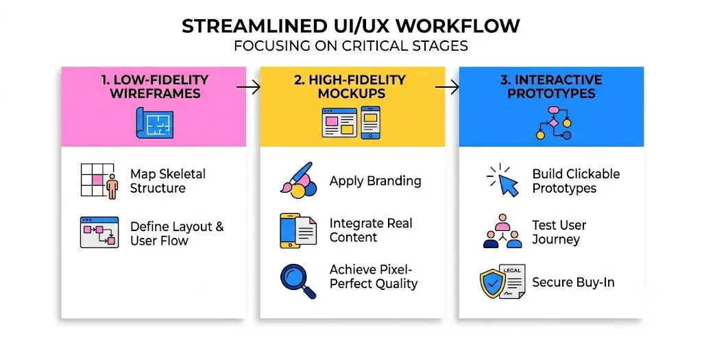 An infographic titled 'Streamlined UI/UX Workflow: Focusing on Critical Stages' illustrating a three-step web design and app development process. The chart is divided into three sequential columns connected by arrows. The first column, '1. Low-Fidelity Wireframes' under a pink header, includes minimalist icons for mapping skeletal structure and defining layout and user flow. The second column, '2. High-Fidelity Mockups' under a yellow header, features icons for applying branding, integrating real content, and achieving pixel-perfect quality. The third column, '3. Interactive Prototypes' under a blue header, displays icons for building clickable prototypes, testing the user journey, and securing stakeholder buy-in